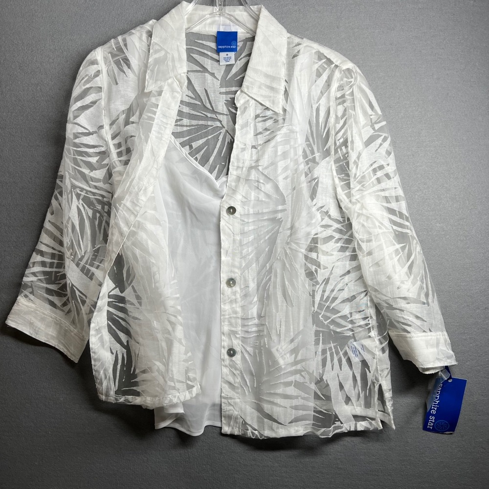 Womens White Palm Sheer Blouse Burnout Button Up Top Womens 8 Camisole Tank (XL)
